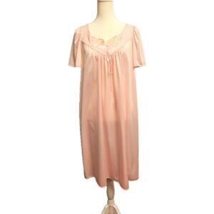 Vintage Lorraine Nightgown Womens Large Pink Nylon Midi Floral Lace Trim USA